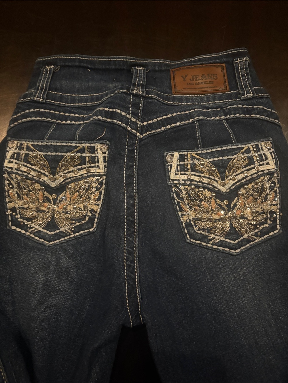 Dark Blue Flare Jeans with Decorative Triple-Button Waist